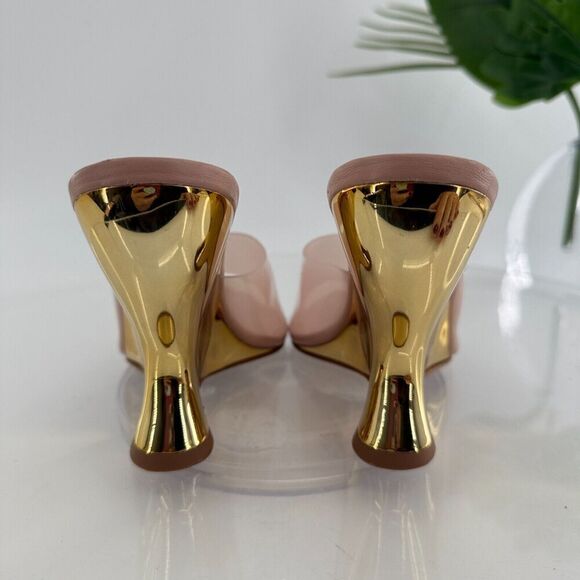 Schutz Womens Size 5.5 Aprill Vynil Slip On Open Toe Wedge Sandals Pink Gold - Picture 11 of 12